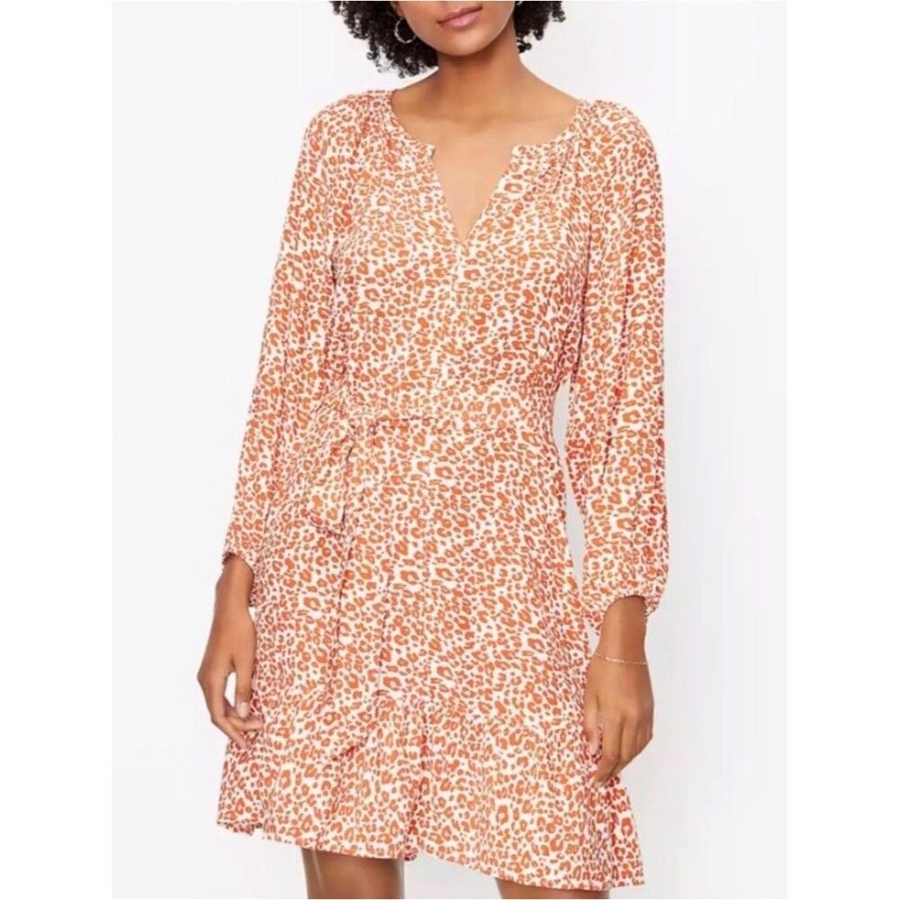 LOFT Leopard Print Orange Split Neck Tie Waist Dress. Medium Petite. MP. NEW.